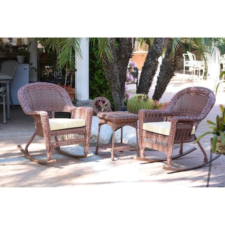Jeco W00205R-C-2-RCES001 Honey Rocker Wicker Chair Set with Ivory Cushion - 3 Piece W00205R-C_2-RCES001